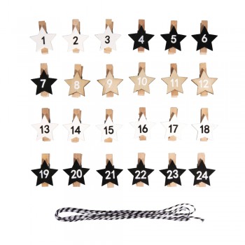 Kolíčky na adventní kalendář s hvězdičkam 1-24, 2,9x3,6cm, provázek