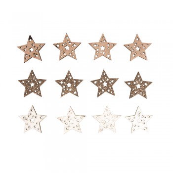 Přízdoba dřevěná - hvězdy s glitrem,3,5cm, s lepítkem, 12ks
