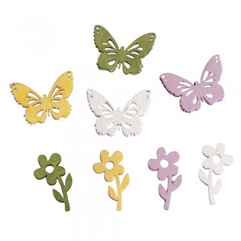 Přízdoba dřevěná - motýlci+ květinky, 2cm, 4 barvy, 24ks